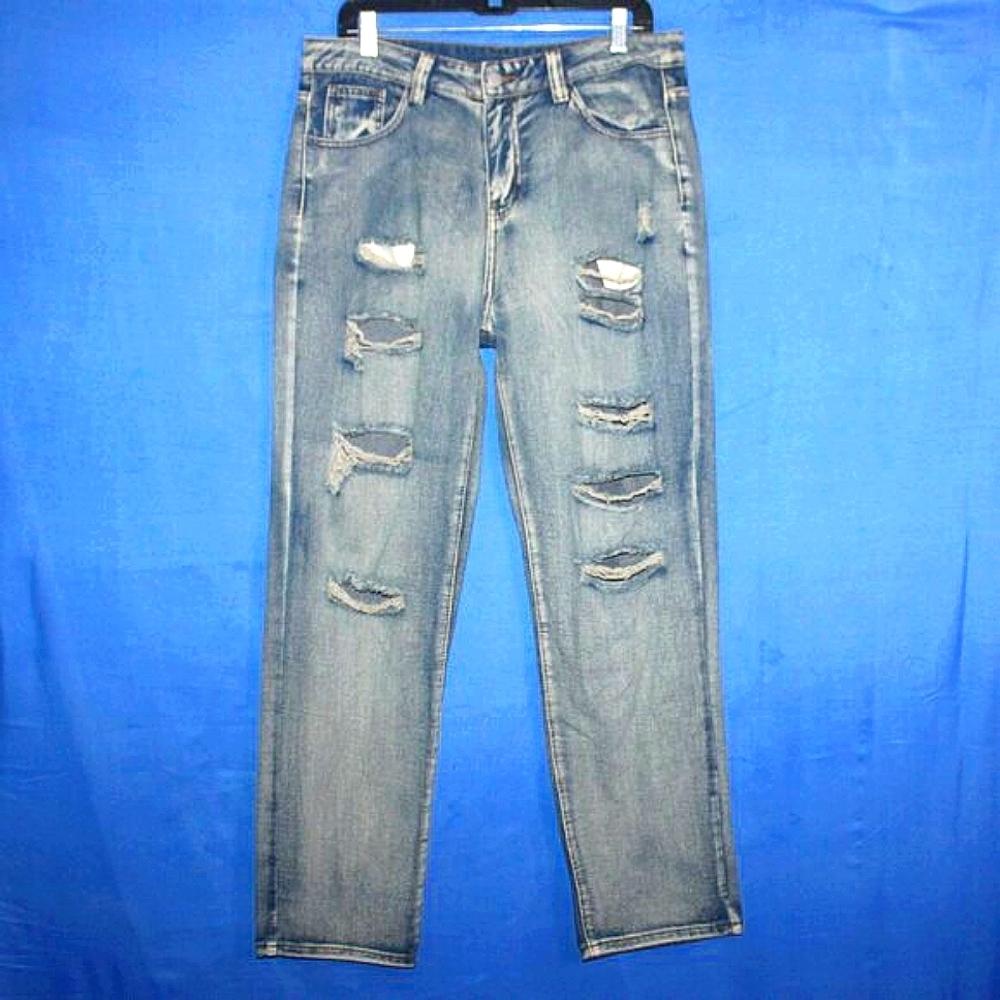 Distressed Denim Straight Leg Jeans Blue 34